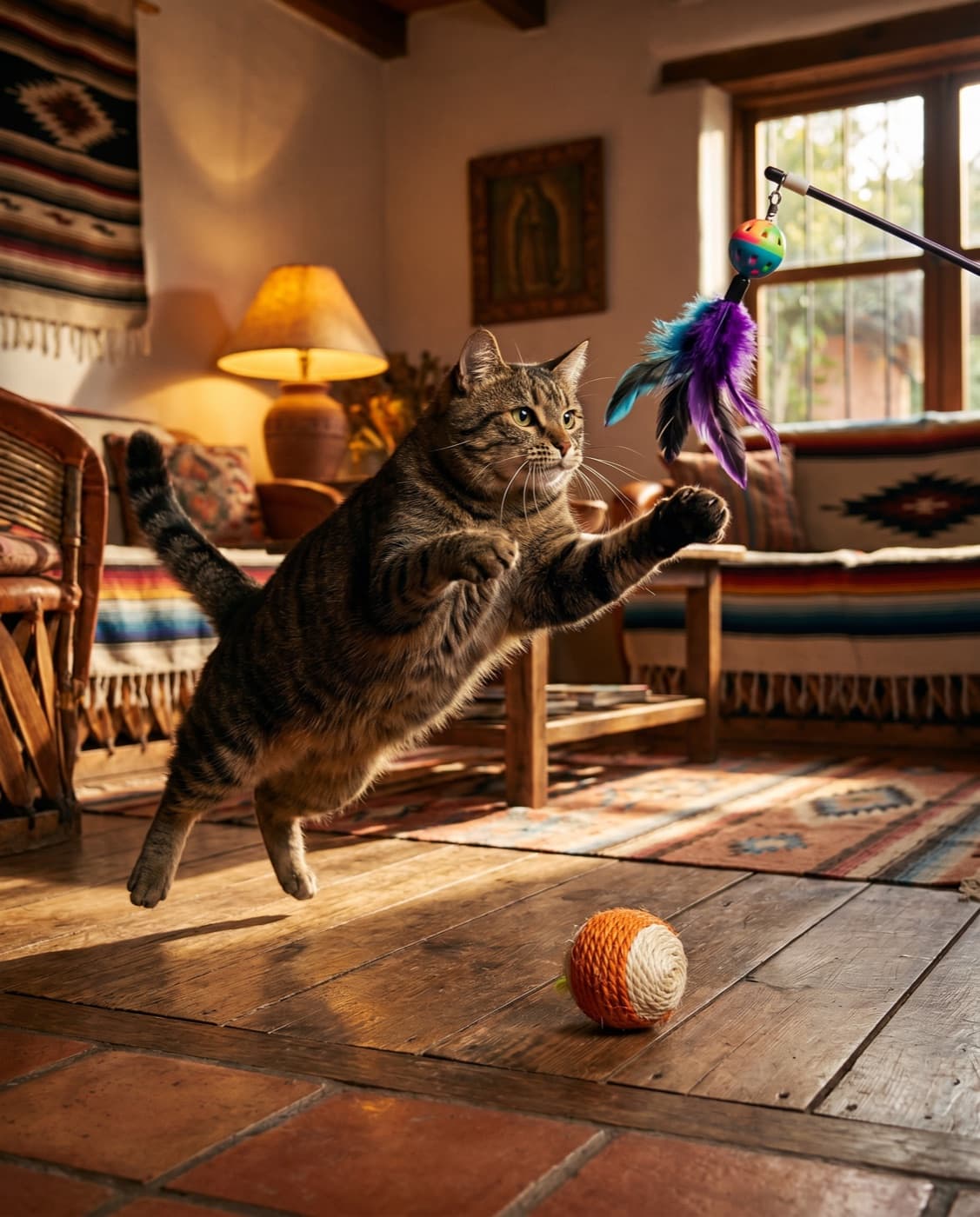 Gato jugando con la varita de plumas del catálogo